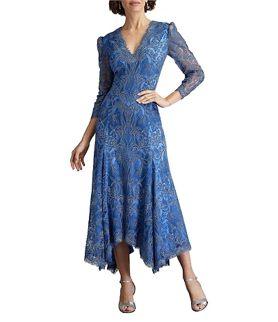 Tadashi Shoji Embroidered Corded Lace V-Neck 3/4 Sleeve High Low Midi Dress