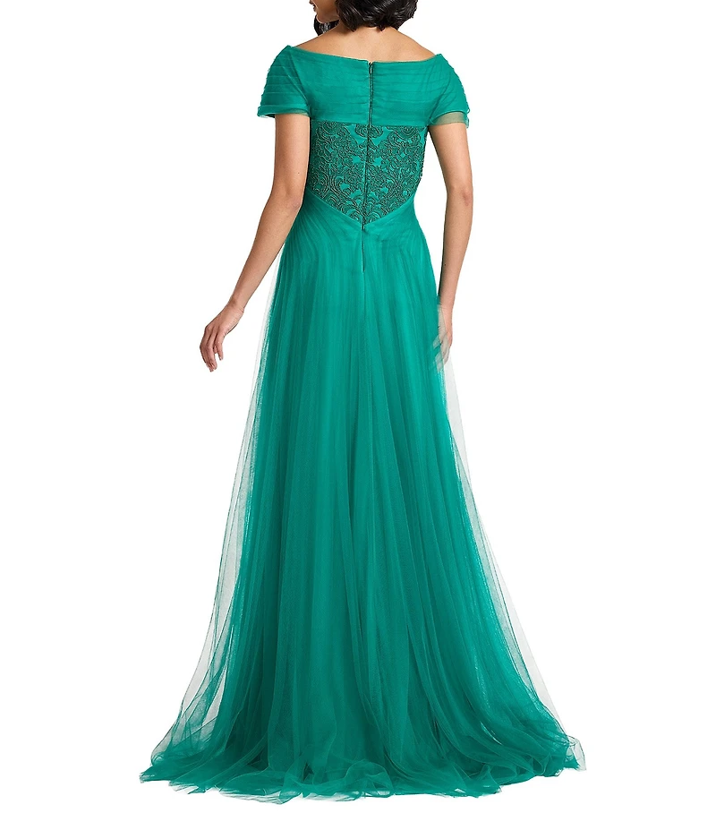 Tadashi Shoji Embroidered Lace And Tulle Portrait Collar Cap Sleeve A-Line Gown