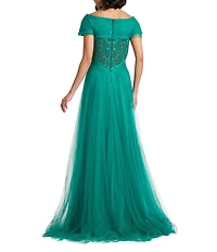 Tadashi Shoji Embroidered Lace And Tulle Portrait Collar Cap Sleeve A-Line Gown