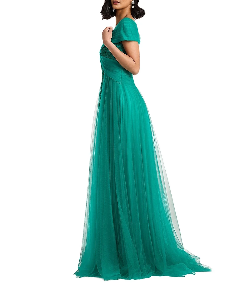 Tadashi Shoji Embroidered Lace And Tulle Portrait Collar Cap Sleeve A-Line Gown