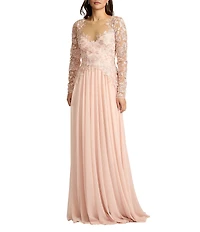 Tadashi Shoji Embroidered Lace Bodice Long Illusion Sleeve Chiffon Gown