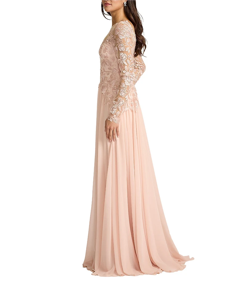 Tadashi Shoji Embroidered Lace Bodice Long Illusion Sleeve Chiffon Gown