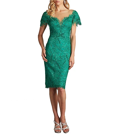 Tadashi Shoji Embroidered Lace Illusion Sweetheart Neck Cap Sleeve Sheath Dress