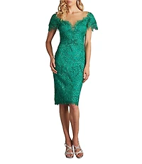 Tadashi Shoji Embroidered Lace Illusion Sweetheart Neck Cap Sleeve Sheath Dress