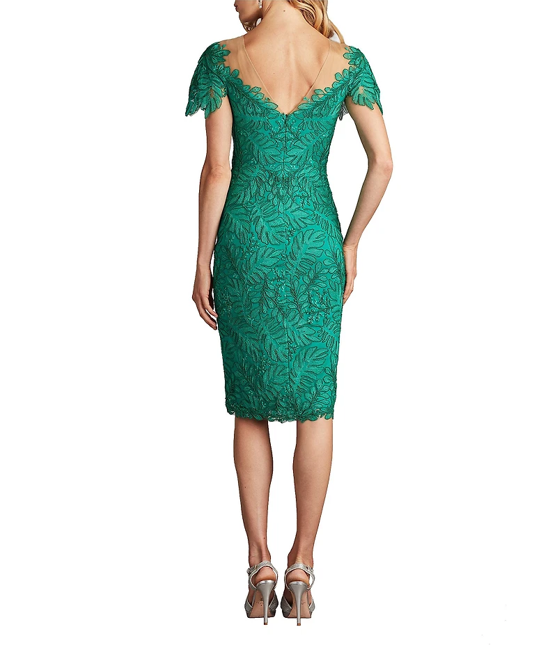 Tadashi Shoji Embroidered Lace Illusion Sweetheart Neck Cap Sleeve Sheath Dress