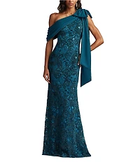 Tadashi Shoji Embroidered Lace One Shoulder Bow Mermaid Gown