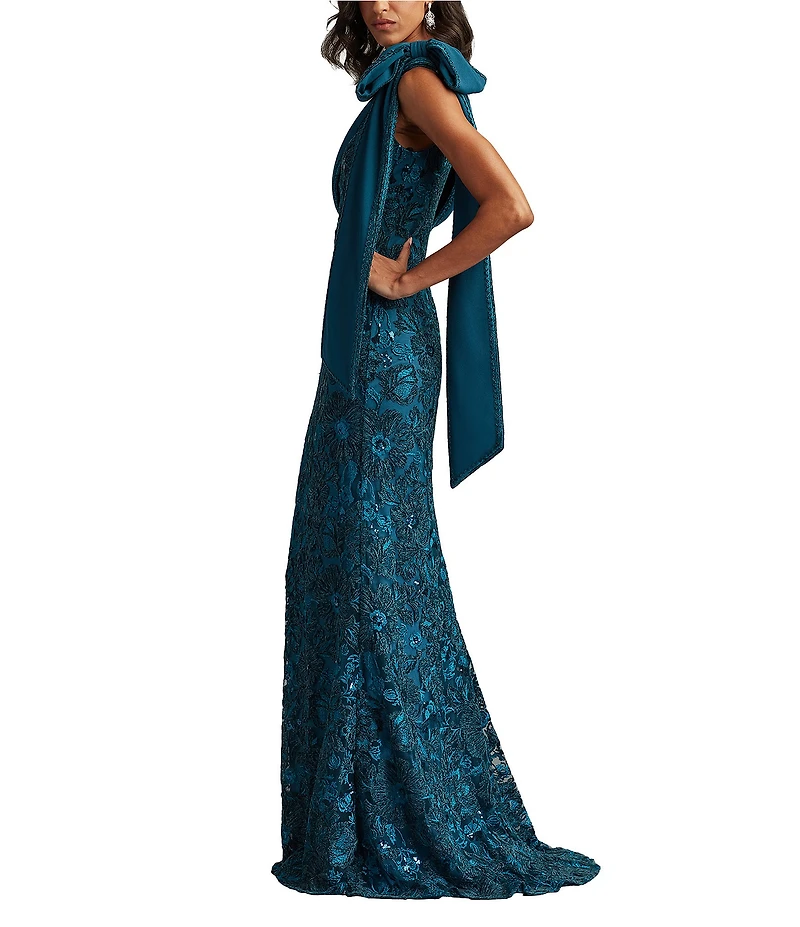 Tadashi Shoji Embroidered Lace One Shoulder Bow Mermaid Gown