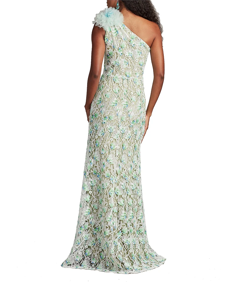 Tadashi Shoji Floral Embroidered Lace Asymmetrical Neck Pom-Pom Shoulder Sheath Gown