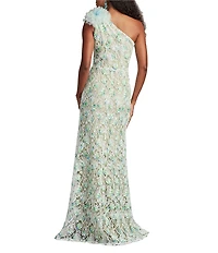 Tadashi Shoji Floral Embroidered Lace Asymmetrical Neck Pom-Pom Shoulder Sheath Gown