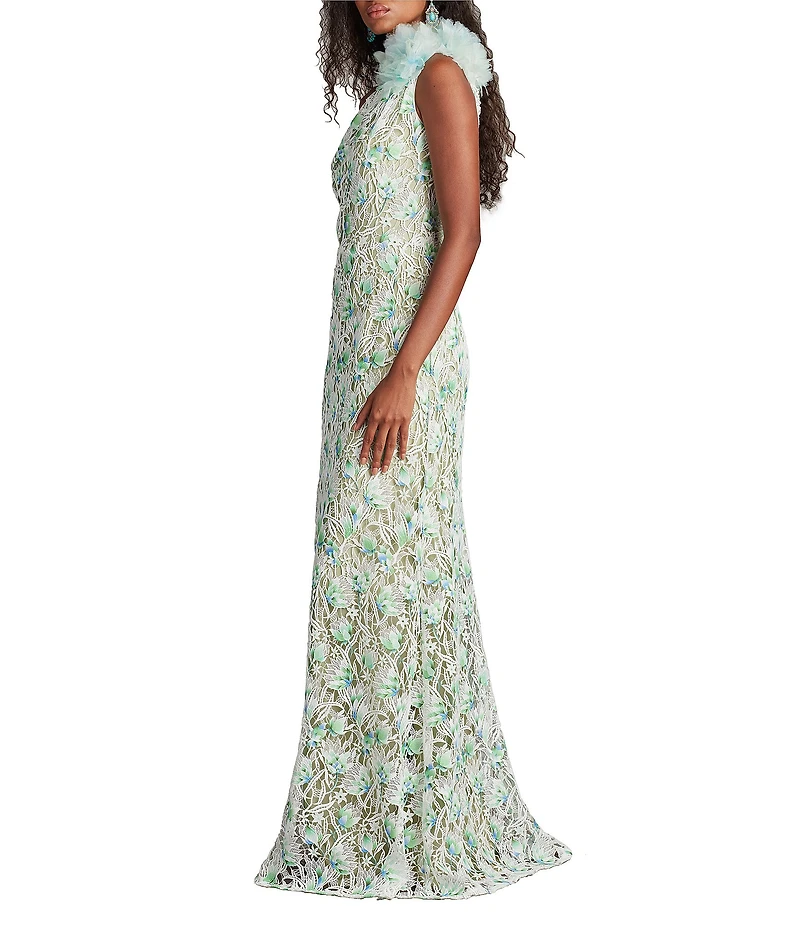 Tadashi Shoji Floral Embroidered Lace Asymmetrical Neck Pom-Pom Shoulder Sheath Gown