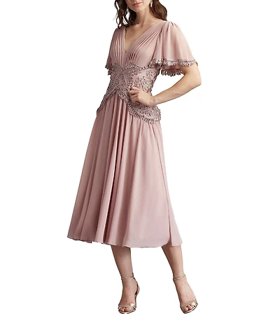 Tadashi Shoji Flutter Sleeve Chiffon Corded Lace Midi Dress