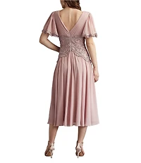 Tadashi Shoji Flutter Sleeve Chiffon Corded Lace Midi Dress