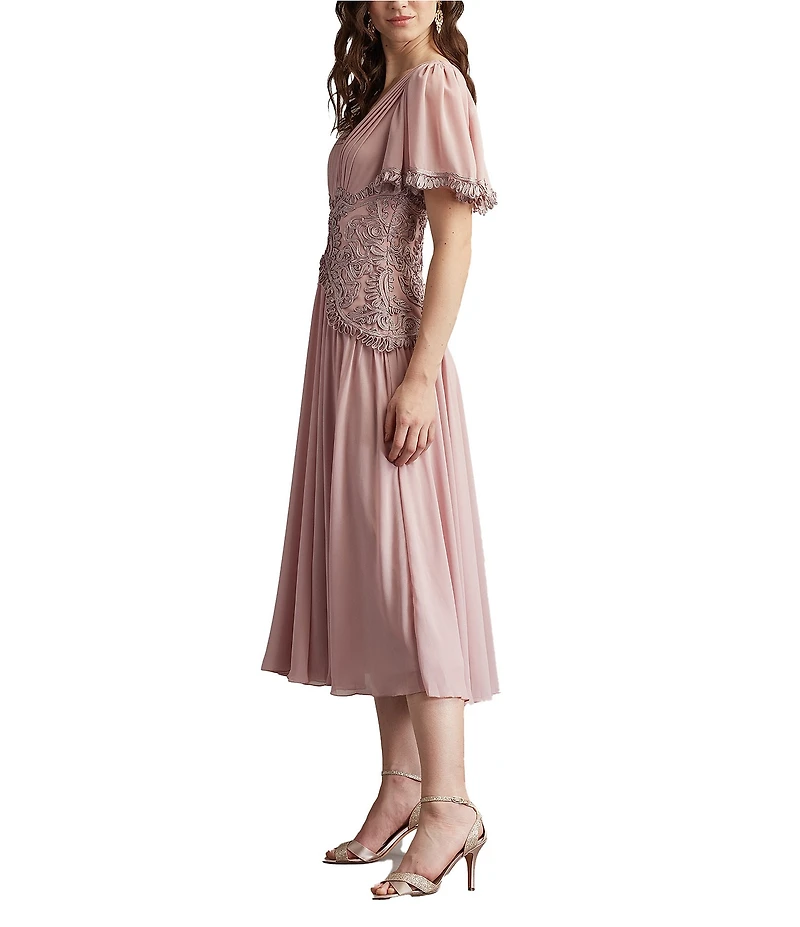 Tadashi Shoji Flutter Sleeve Chiffon Corded Lace Midi Dress
