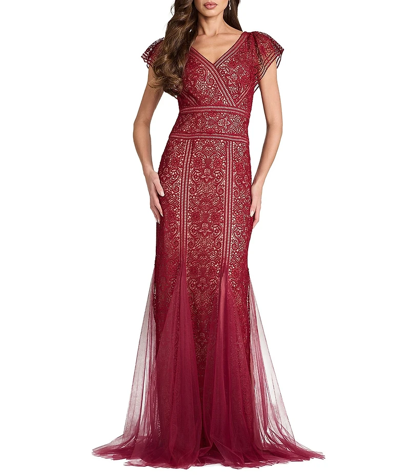 Tadashi Shoji Flutter Sleeve Embroidered Lace Tulle Gown