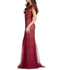 Tadashi Shoji Flutter Sleeve Embroidered Lace Tulle Gown