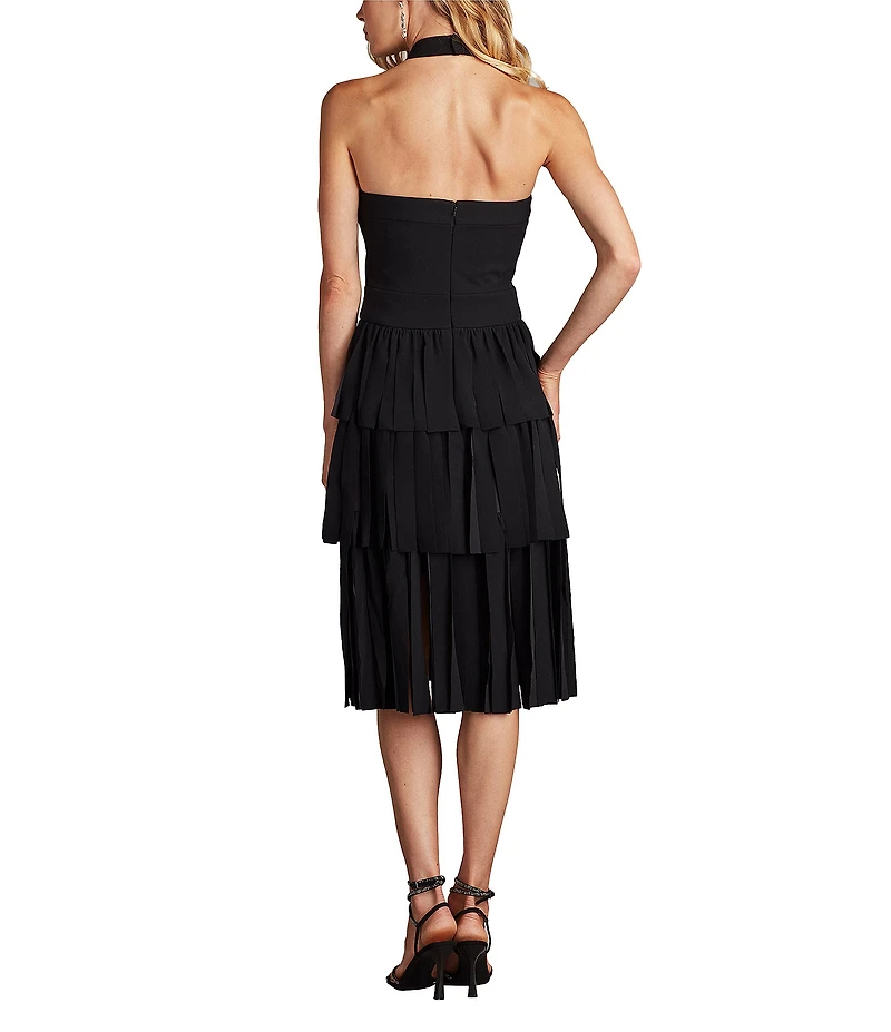 Tadashi Shoji Halter Fringe Crepe Midi Dress