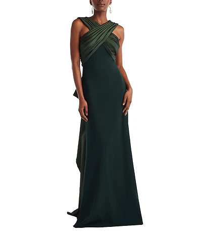 Tadashi Shoji Halter Mix Media Floral Applique Train Sheath Gown