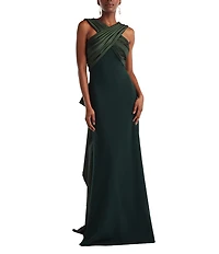 Tadashi Shoji Halter Mix Media Floral Applique Train Sheath Gown