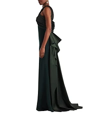 Tadashi Shoji Halter Mix Media Floral Applique Train Sheath Gown