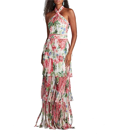 Tadashi Shoji Halter Twist Floral Print Chiffon Layered Fringe Hem Gown