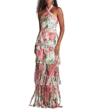 Tadashi Shoji Halter Twist Floral Print Chiffon Layered Fringe Hem Gown