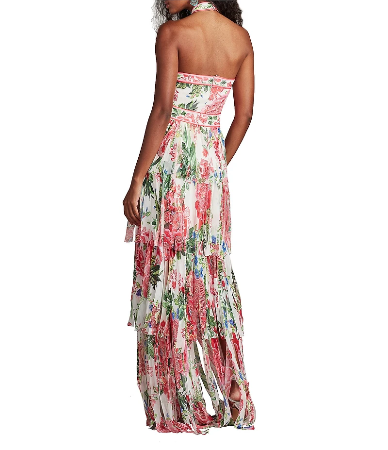 Tadashi Shoji Halter Twist Floral Print Chiffon Layered Fringe Hem Gown
