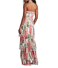 Tadashi Shoji Halter Twist Floral Print Chiffon Layered Fringe Hem Gown