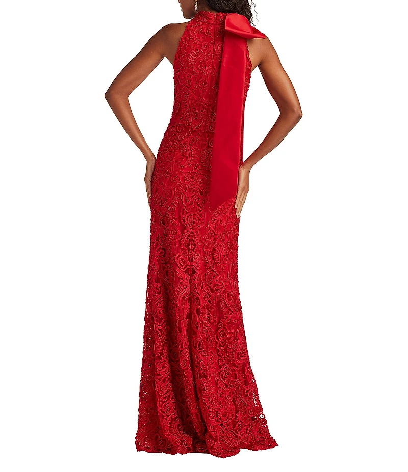 Tadashi Shoji Haltered Bow Neckline Embroidered Lace Long Sheath Dress