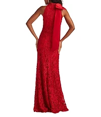 Tadashi Shoji Haltered Bow Neckline Embroidered Lace Long Sheath Dress