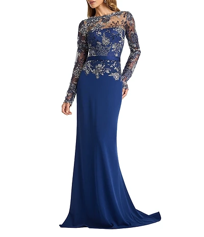 Tadashi Shoji Illusion Long Sleeve Embroidery Lace Crepe A-Line Gown