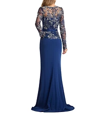 Tadashi Shoji Illusion Long Sleeve Embroidery Lace Crepe A-Line Gown