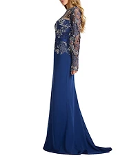 Tadashi Shoji Illusion Long Sleeve Embroidery Lace Crepe A-Line Gown