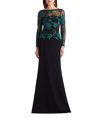 Tadashi Shoji Illusion Long Sleeve Embroidery Lace Crepe A-Line Gown