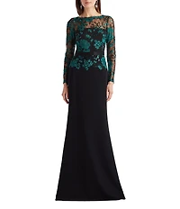 Tadashi Shoji Illusion Long Sleeve Embroidery Lace Crepe A-Line Gown