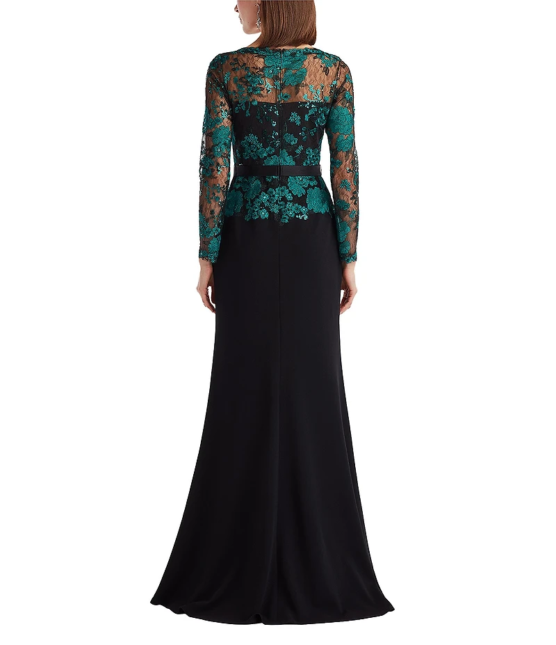 Tadashi Shoji Illusion Long Sleeve Embroidery Lace Crepe A-Line Gown