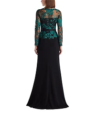 Tadashi Shoji Illusion Long Sleeve Embroidery Lace Crepe A-Line Gown