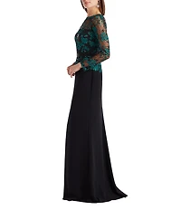 Tadashi Shoji Illusion Long Sleeve Embroidery Lace Crepe A-Line Gown