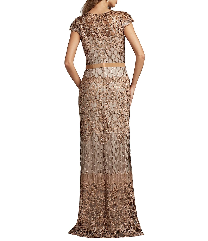 Tadashi Shoji Illusion Neck Cap Sleeve Sequin Lace Column Gown