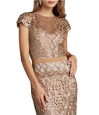 Tadashi Shoji Illusion Neck Cap Sleeve Sequin Lace Column Gown