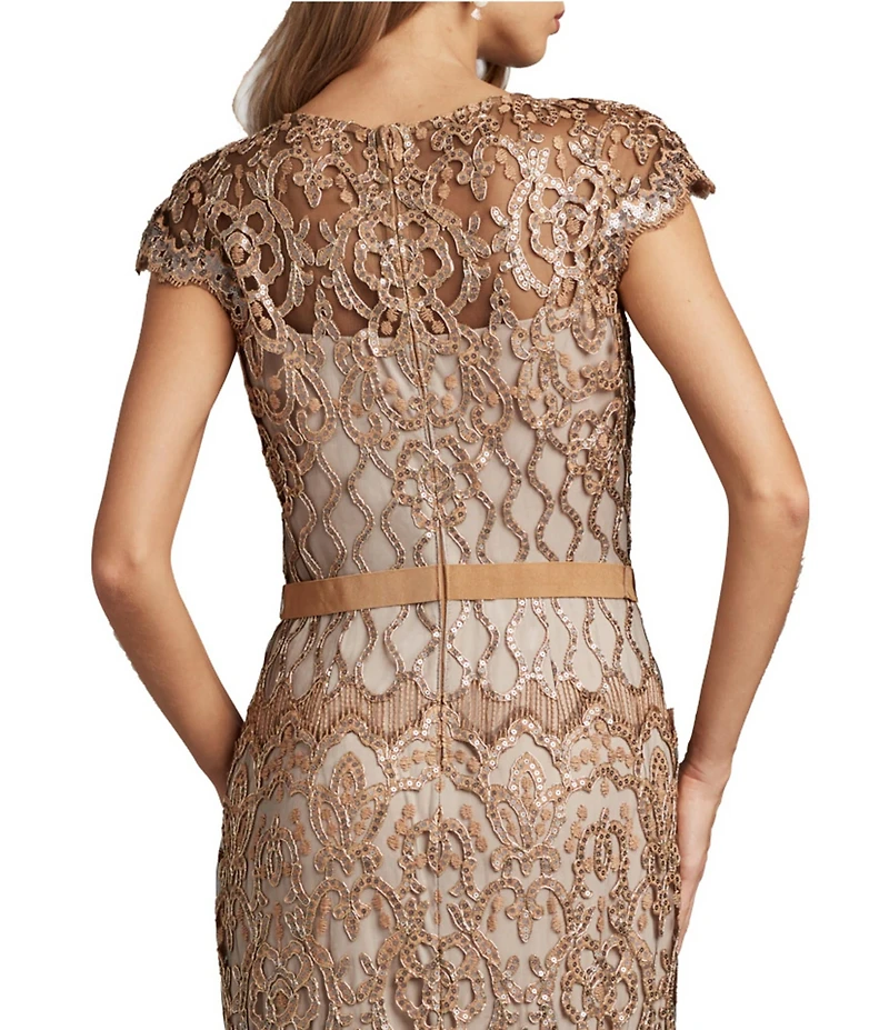 Tadashi Shoji Illusion Neck Cap Sleeve Sequin Lace Column Gown