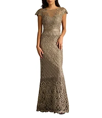 Tadashi Shoji Illusion Neck Cap Sleeve Sequin Lace Column Gown