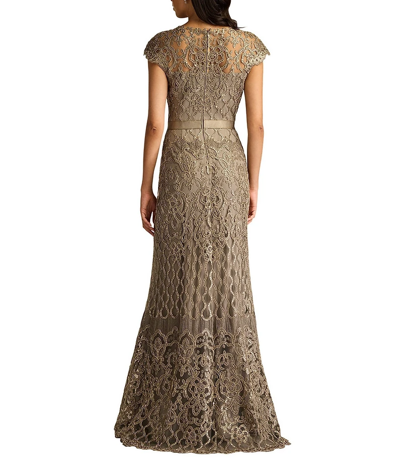 Tadashi Shoji Illusion Neck Cap Sleeve Sequin Lace Column Gown