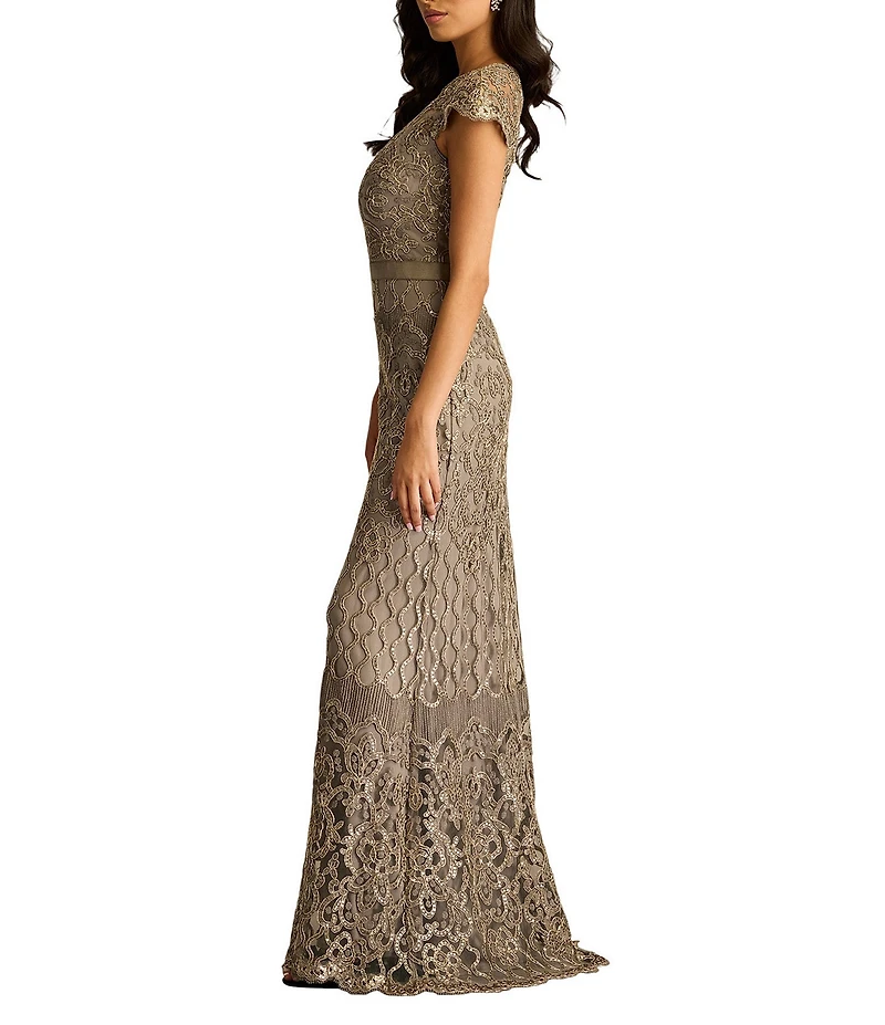 Tadashi Shoji Illusion Neck Cap Sleeve Sequin Lace Column Gown