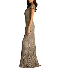 Tadashi Shoji Illusion Neck Cap Sleeve Sequin Lace Column Gown