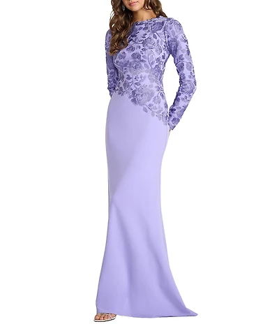 Tadashi Shoji Long Sleeve Asymmetrical Embroidered Lace Textured Crepe Gown