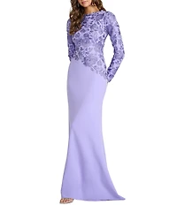 Tadashi Shoji Long Sleeve Asymmetrical Embroidered Lace Textured Crepe Gown
