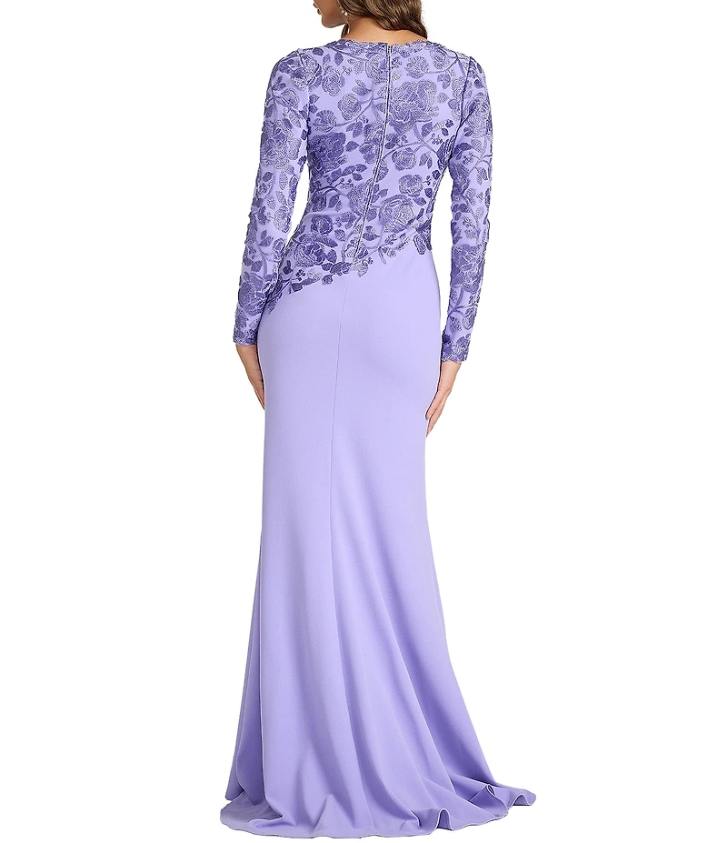 Tadashi Shoji Long Sleeve Asymmetrical Embroidered Lace Textured Crepe Gown