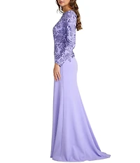 Tadashi Shoji Long Sleeve Asymmetrical Embroidered Lace Textured Crepe Gown