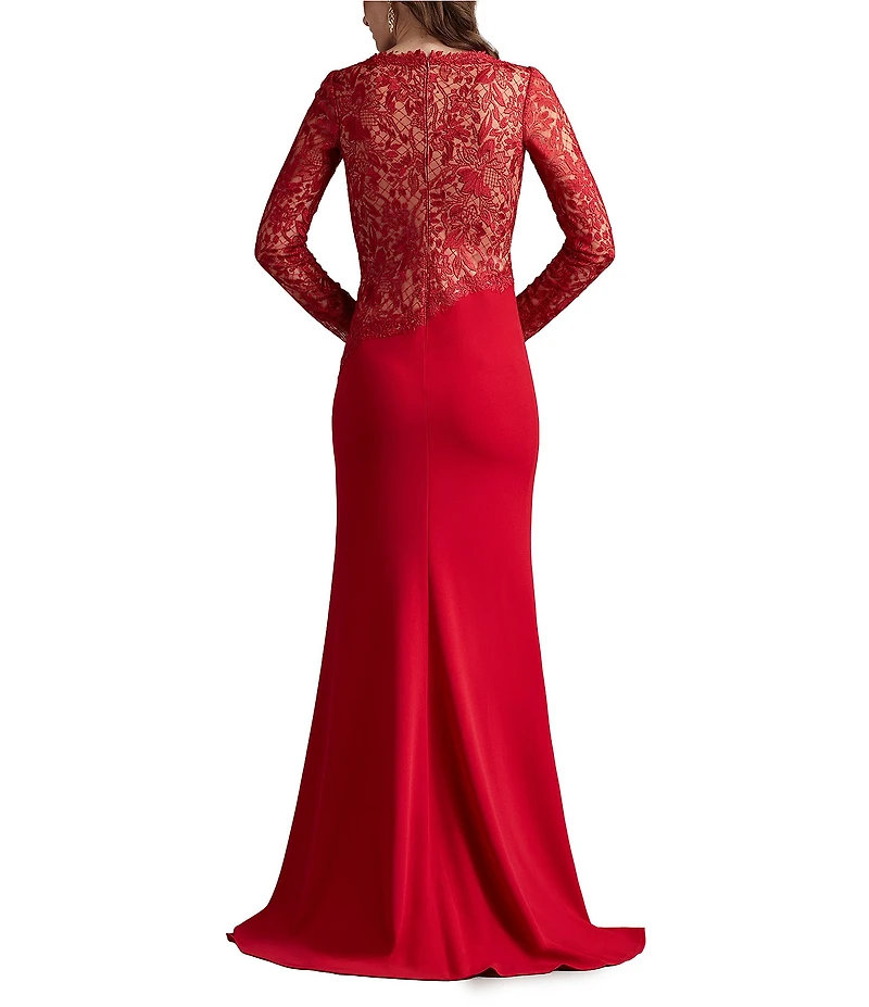 Tadashi Shoji Long Sleeve Asymmetrical Lace Crepe Gown
