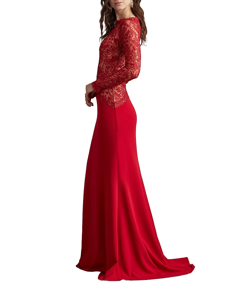 Tadashi Shoji Long Sleeve Asymmetrical Lace Crepe Gown